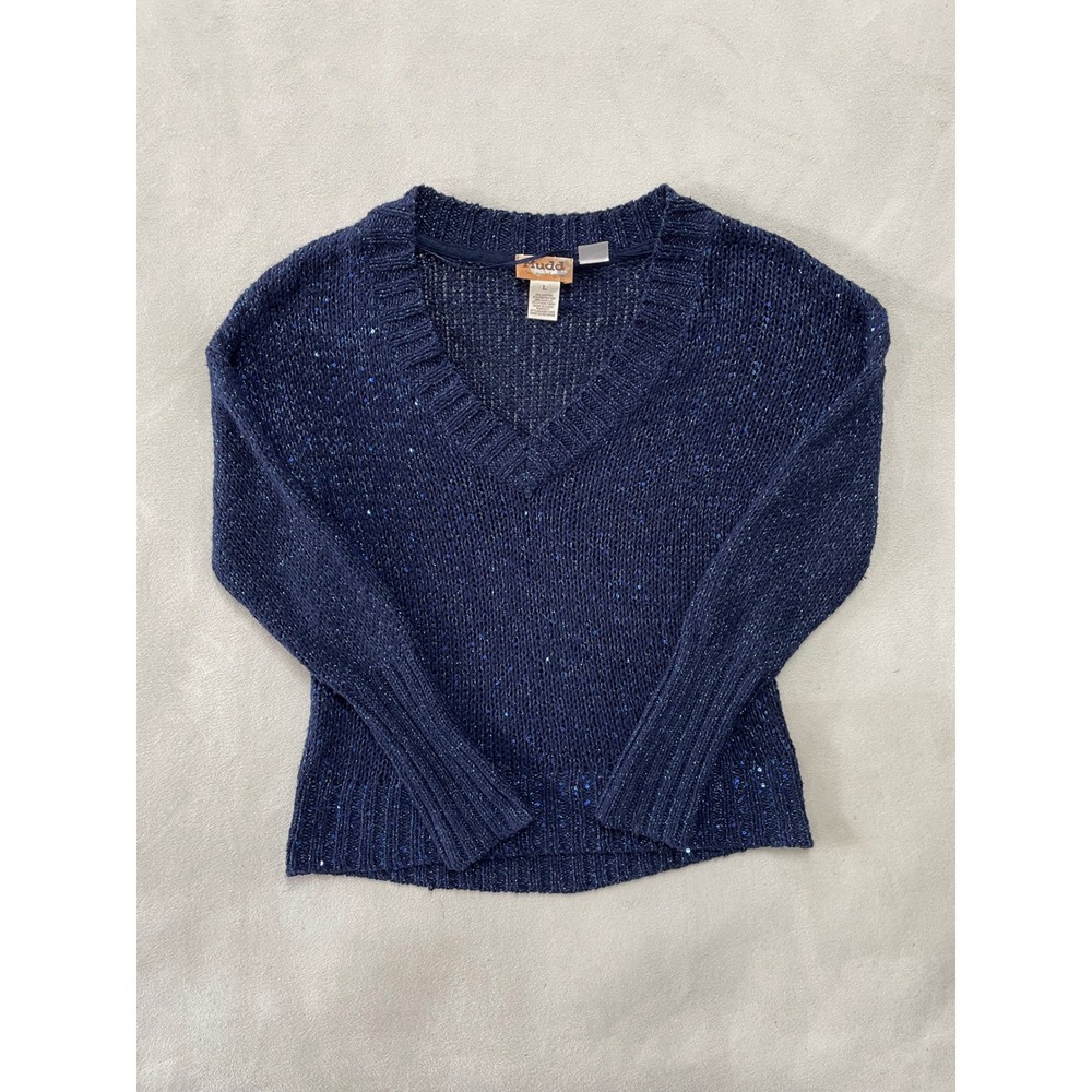 Mudd Womens Navy Blue Sequin Metallic V-Neck Knit Sweater Y2K Large JSM412409